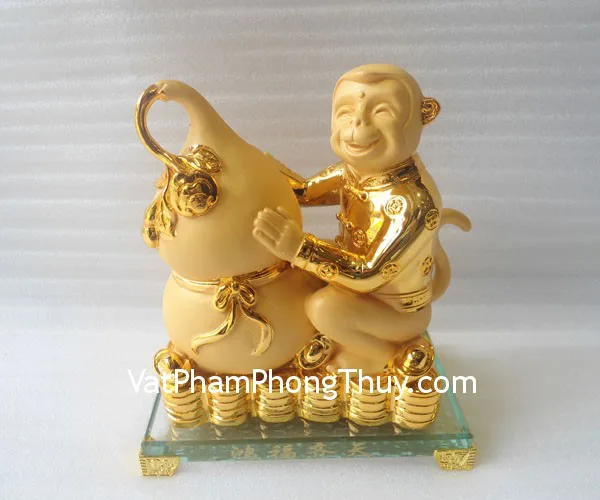 Khỉ thần tài ôm hồ lô đế thủy tinh - hồng phước tề thiên FK050M