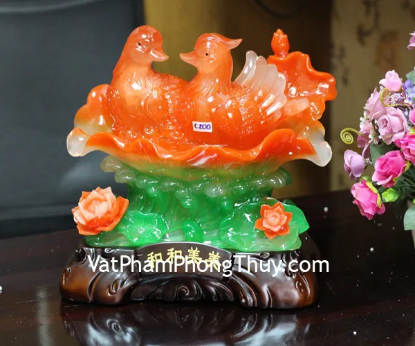 Cặp chim uyên ương ngọc đỏ cam trên sen mẫu đơn - Hoà hoà mỹ mỹ C200A