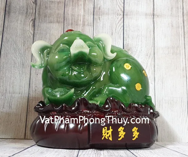 Thần tài heo xanh ngọc trên túi tài lộc gỗ lớn - Tài Đa Đa FLN024