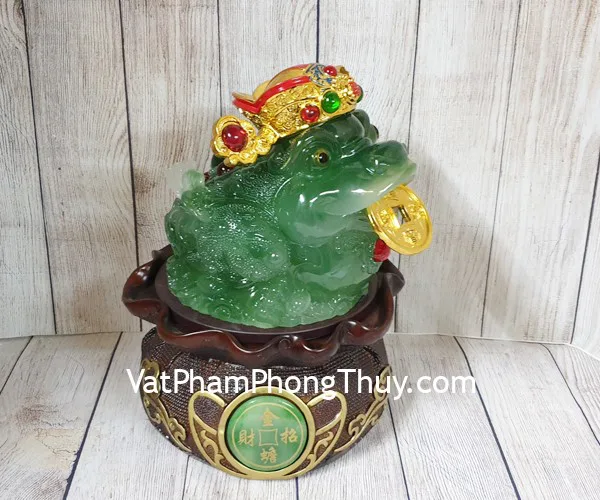 Thiềm thừ xanh ngọc thần tài trên đế gỗ xoay giỏ tiền lớn- Kim Thiềm Chiêu Tài/ Túi Hoàng Kim LN088