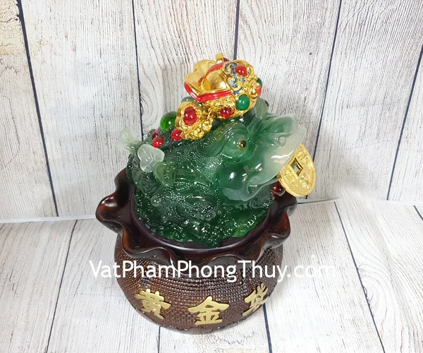 Thiềm thừ xanh ngọc thần tài trên đế gỗ xoay túi tiền trung - Chiêu Tài Kim Thiềm FLN095