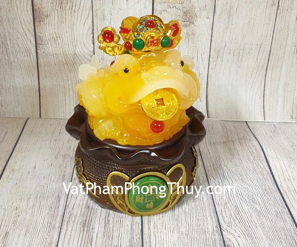 Thiềm thừ ngọc vàng cam thần tài trên đế gỗ xoay túi tiền trung - Chiêu Tài Kim Thiềm. FLN096