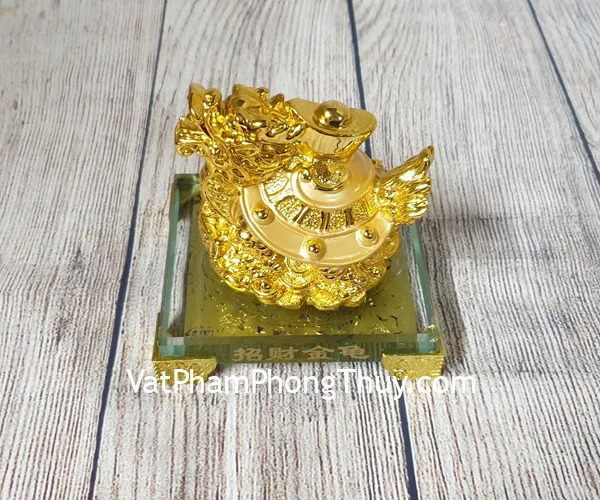 Thần rùa đầu rồng vàng bóng nhả kim nguyên bảo trên đống tiền vàng đế thuỷ tinh - Chiêu Tài Long Quy FLN164